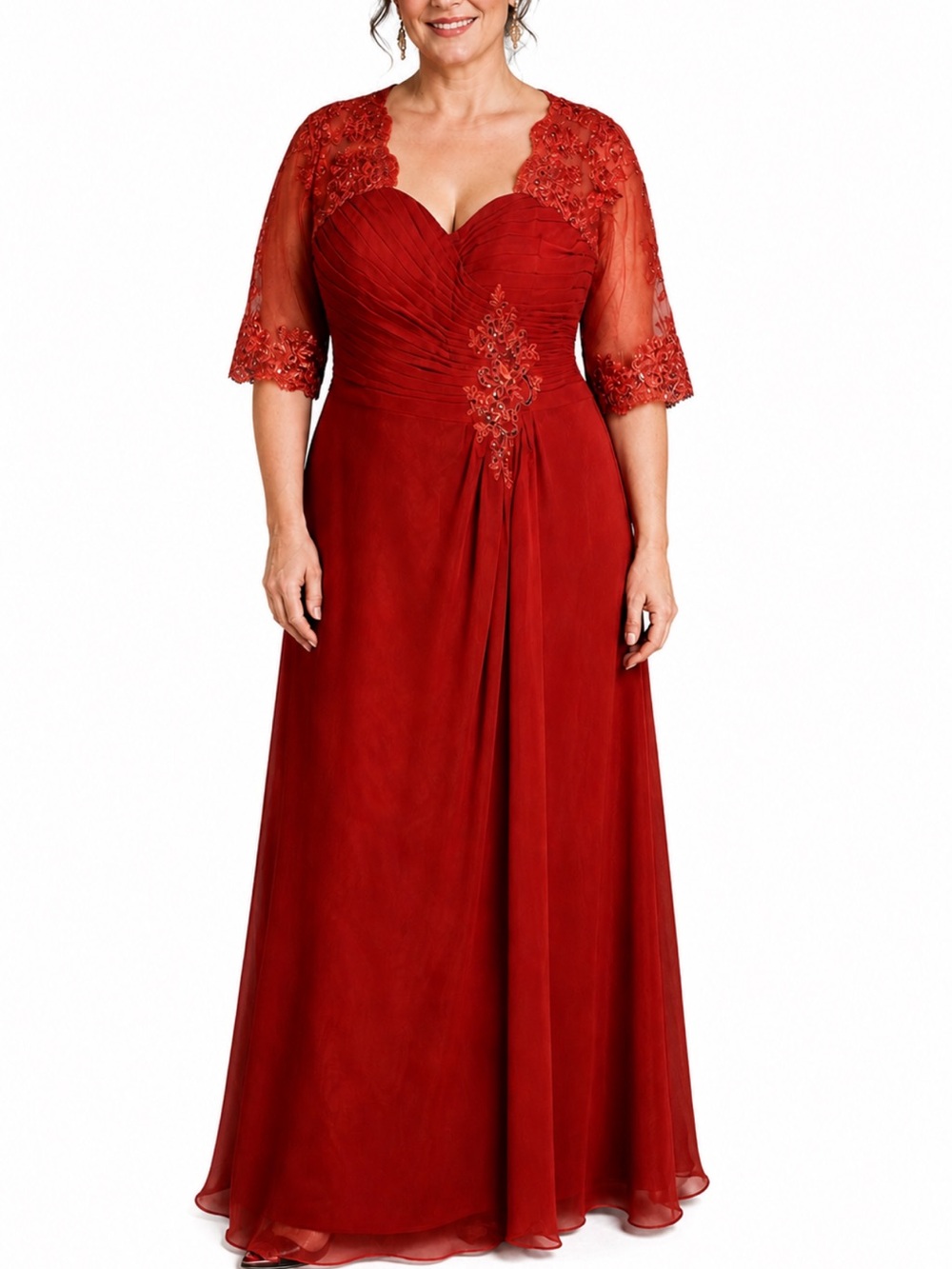 A-line floor-length Size 14 formal dress. Pleated, sequin, lace, sheer sleeve